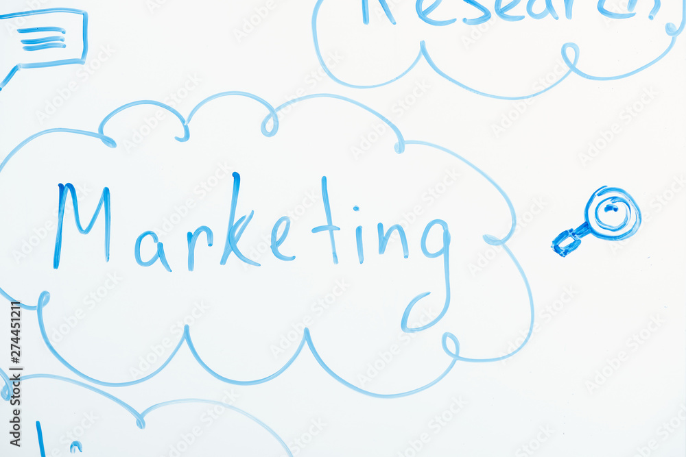 close up view of word marketing written on white flipchart close up view of word marketing written on white flipchart