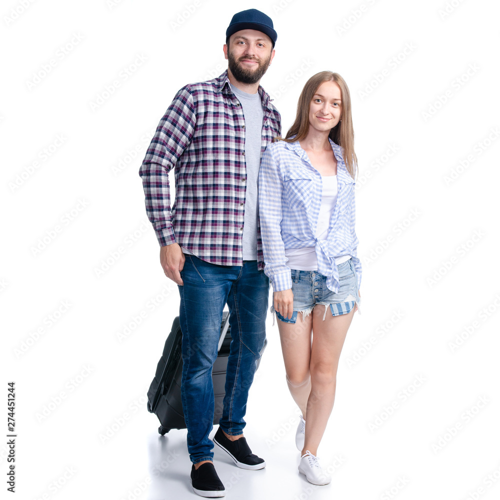 happy couple of tourists with black suitcase luggages smiling goes walking on white background isolation happy couple of tourists with black suitcase luggages smiling goes walking on white background isolation