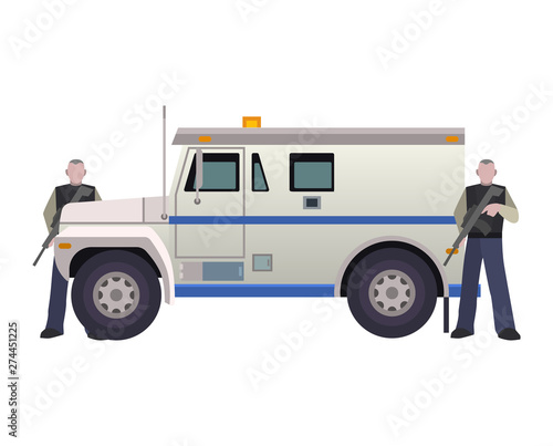 Armored money carrier vehicle vector bank van transport car side view illustration armor transportation set of minivan truck with money security man people guard character isolated on white background
