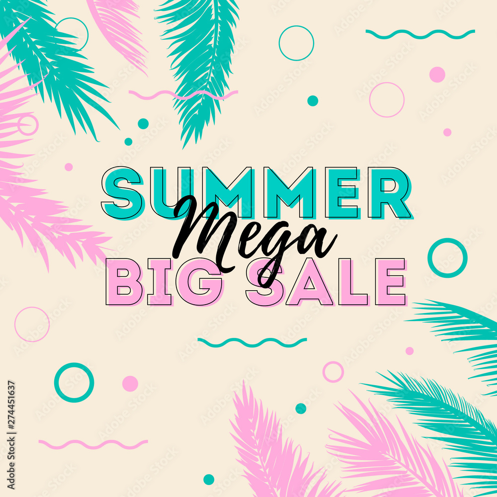 Summer mega big sale banner with green and pink palm trees, on a cream background with waves and circle. Ready to use in social media, posters, flyers, wallpapers, packaging, textile, fabric.
