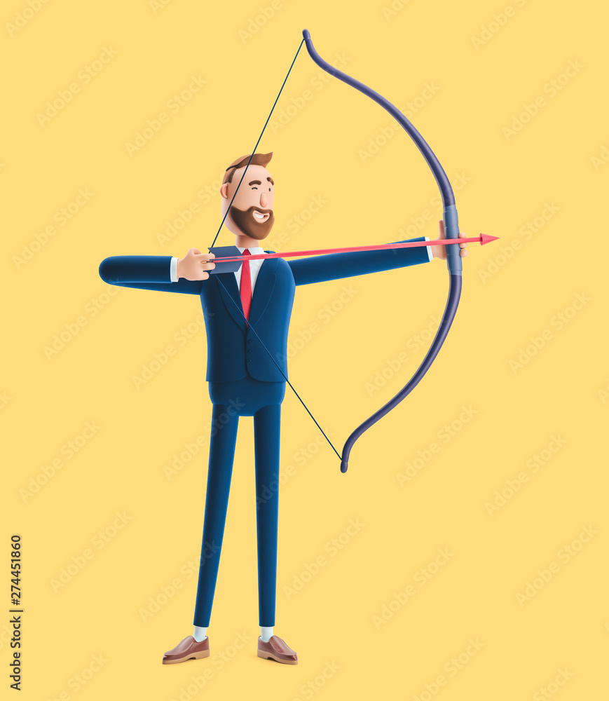 Cartoon character businessman Billy aiming with bow and arrow. 3d illustration on yellow background