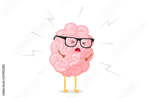 Cute cartoon angry human brain in stress. Central nervous system organ is sick. Flat vector pain character headache illustration