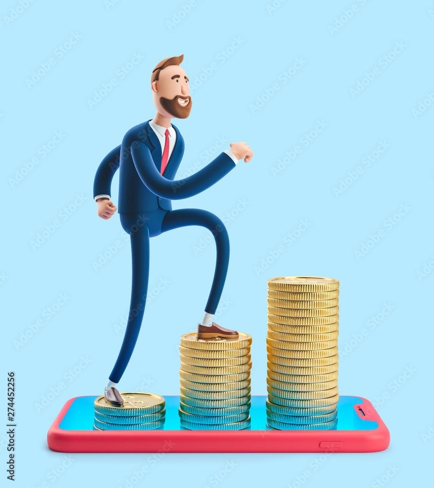 Cartoon character Billy goes to success. 3d illustration on blue background. Concept of financial growth. Money on smartphone, coin holding Stock Illustration | Adobe Stock Cartoon character Billy goes to success. 3d illustration on blue background. Concept of financial growth. Money on smartphone, coin holding Stock Illustration | Adobe Stock