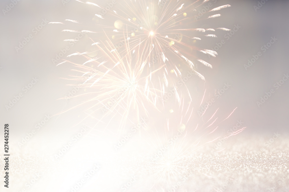 abstract gold and silver glitter background with fireworks. christmas eve, 4th of july holiday concept - obrazy, fototapety, plakaty 