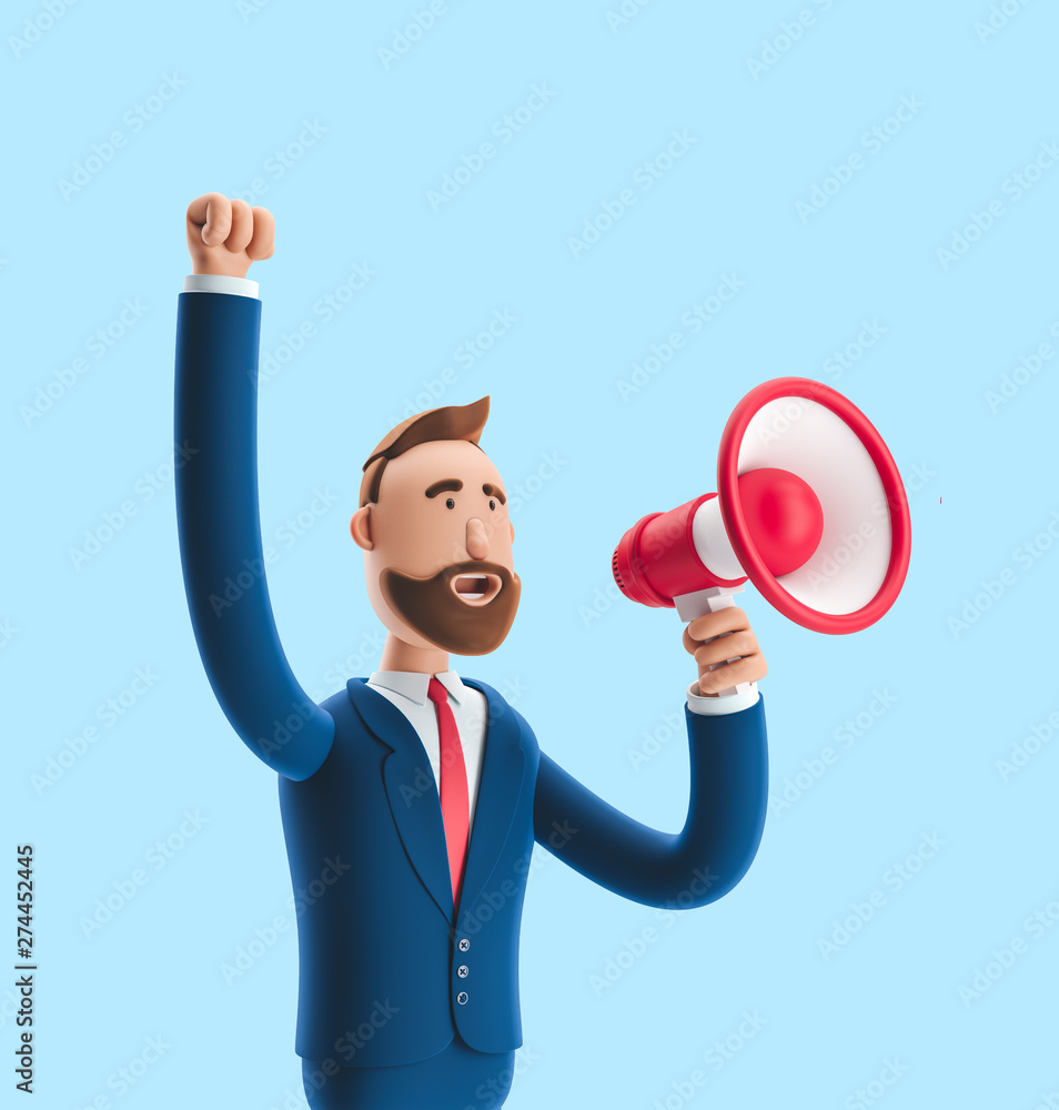 Cartoon character Billy shouting through loud speaker. 3d illustration on  blue background Stock Illustration | Adobe Stock