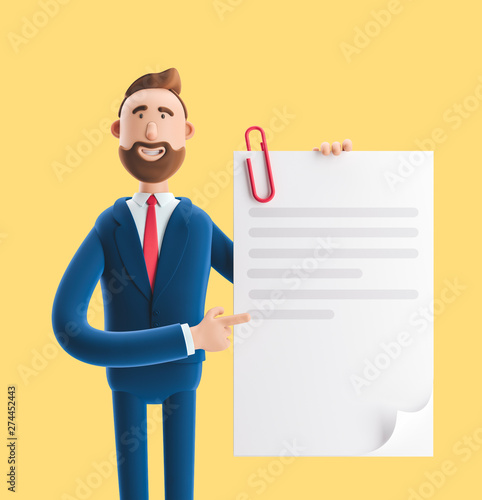 Handsome cartoon character Billy holds a completed document. 3d illustration on yellow background