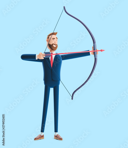 Cartoon character businessman Billy aiming with bow and arrow. 3d illustration on blue background