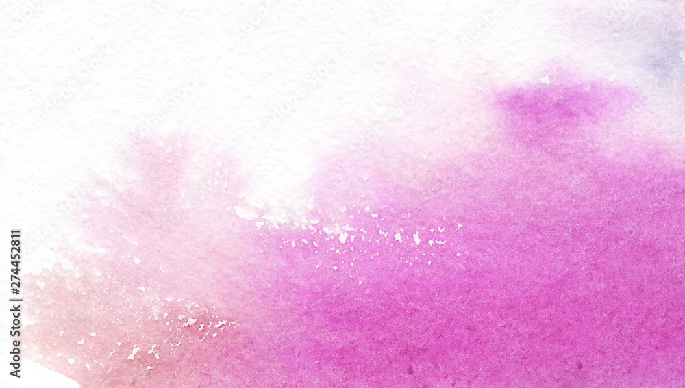 Abstract pink watercolor stain on white background. Paint splashes on paper. Hand-drawn illustration.