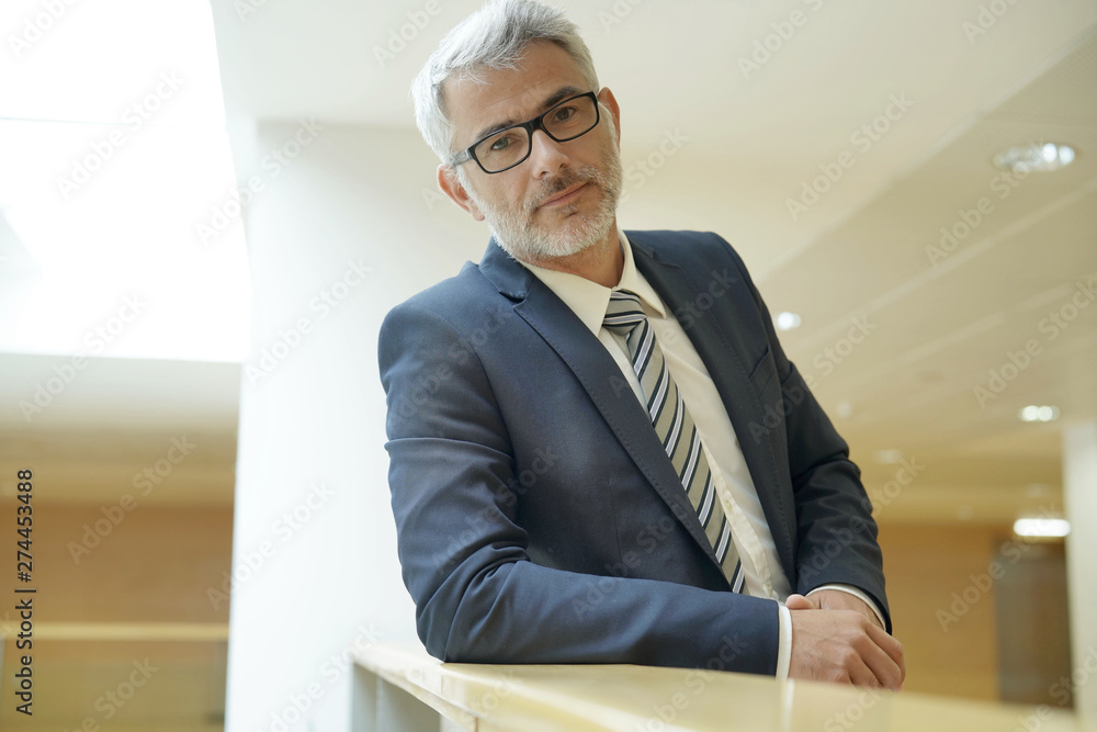 Mature businessman standing in office building looking at camera Mature businessman standing in office building looking at camera