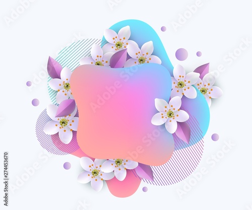 Modern geometric layered gradient banner with white sakura flowers