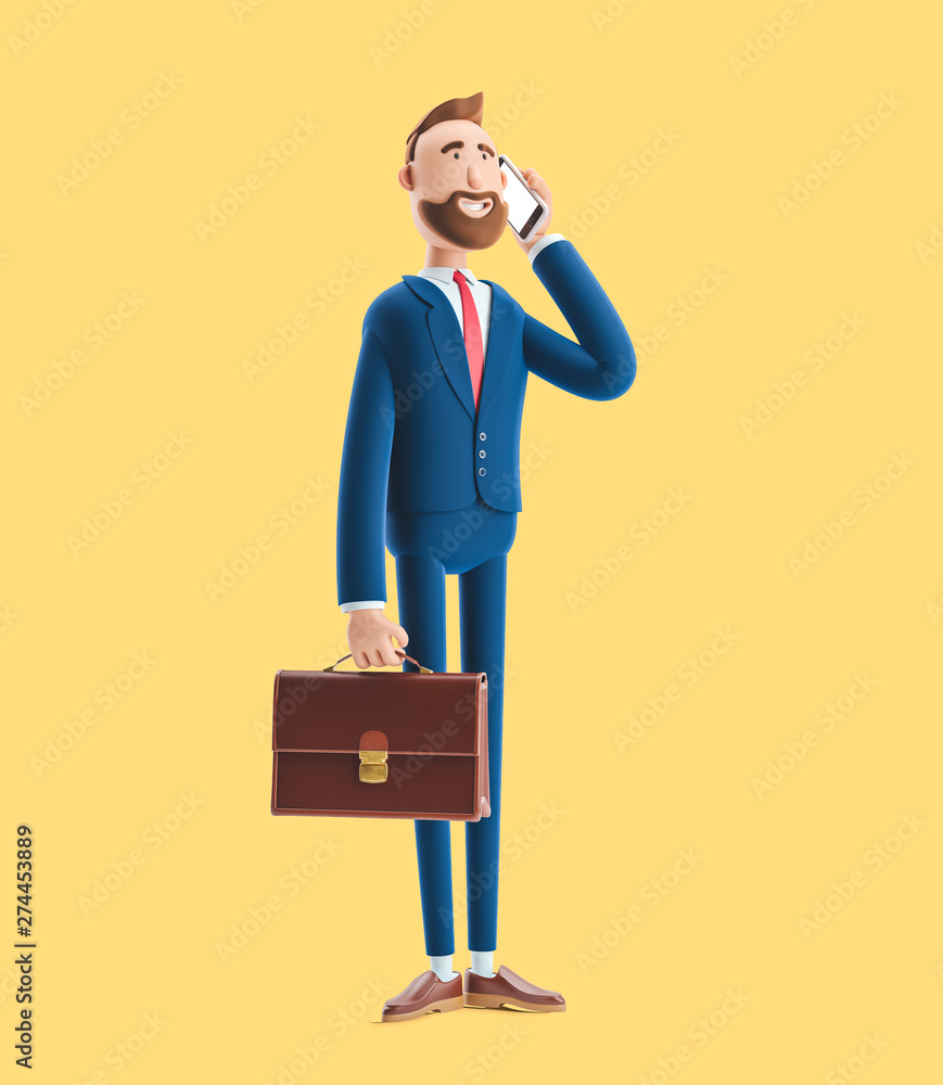 Cartoon character Billy with a case talking on phone. 3d illustration on  yellow background Stock Illustration | Adobe Stock