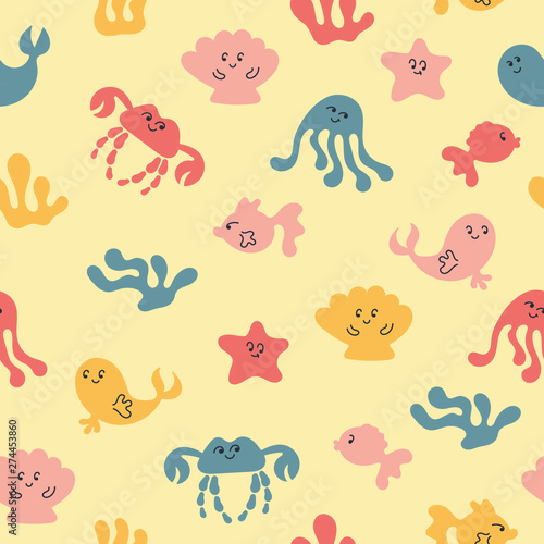 Doodle seamless background with fish  octopuses  crabs  starfish  dolphins  whales. Kawaii characters. Bright color. Vector illustration
