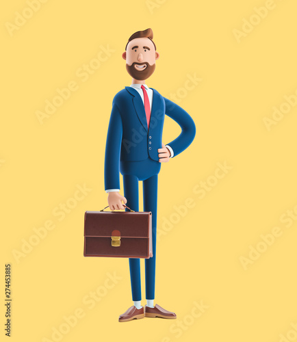 Portrait of a handsome cartoon character Billy stand with case. 3d illustration on yellow background photo