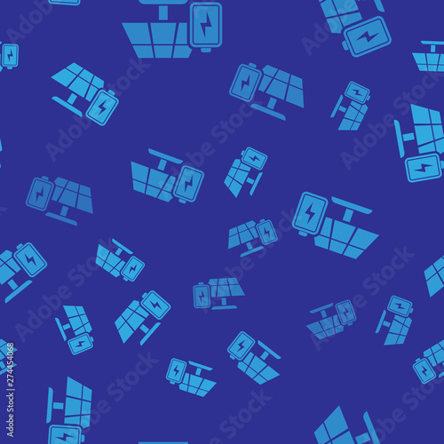 Blue Solar energy panel and battery icon isolated seamless pattern on blue background. Vector Illustration