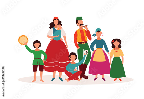 Gypsy people - isolated cartoon character family in traditional clothes and Romany culture artefacts