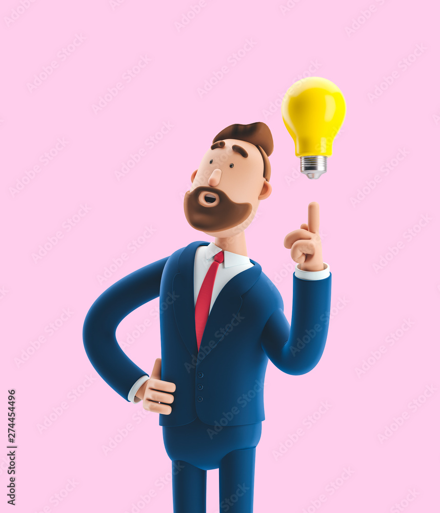 Businessman Billy with yellow bulb. Innovation and inspiration concept. 3d illustration on pink background Businessman Billy with yellow bulb. Innovation and inspiration concept. 3d illustration on pink background