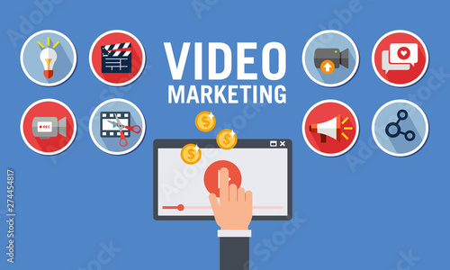 Flat sticker icon from a video marketing process to monetize to a viral channel