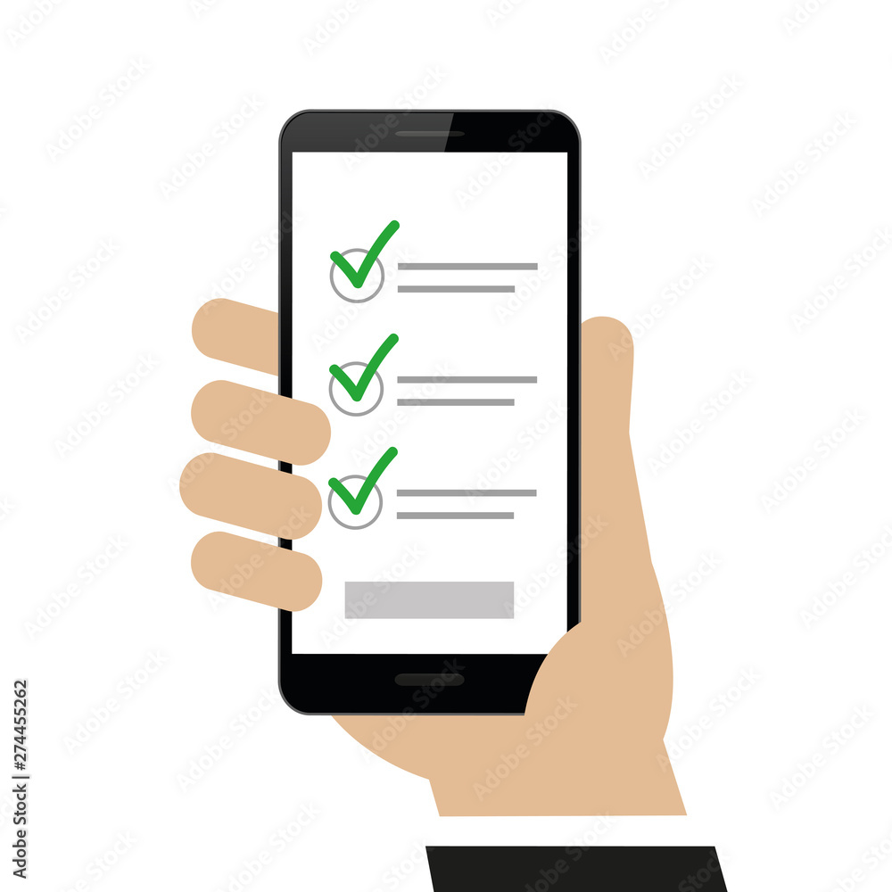 hand is holding smartphone with a checklist isolated on white background vector illustration EPS10 hand is holding smartphone with a checklist isolated on white background vector illustration EPS10