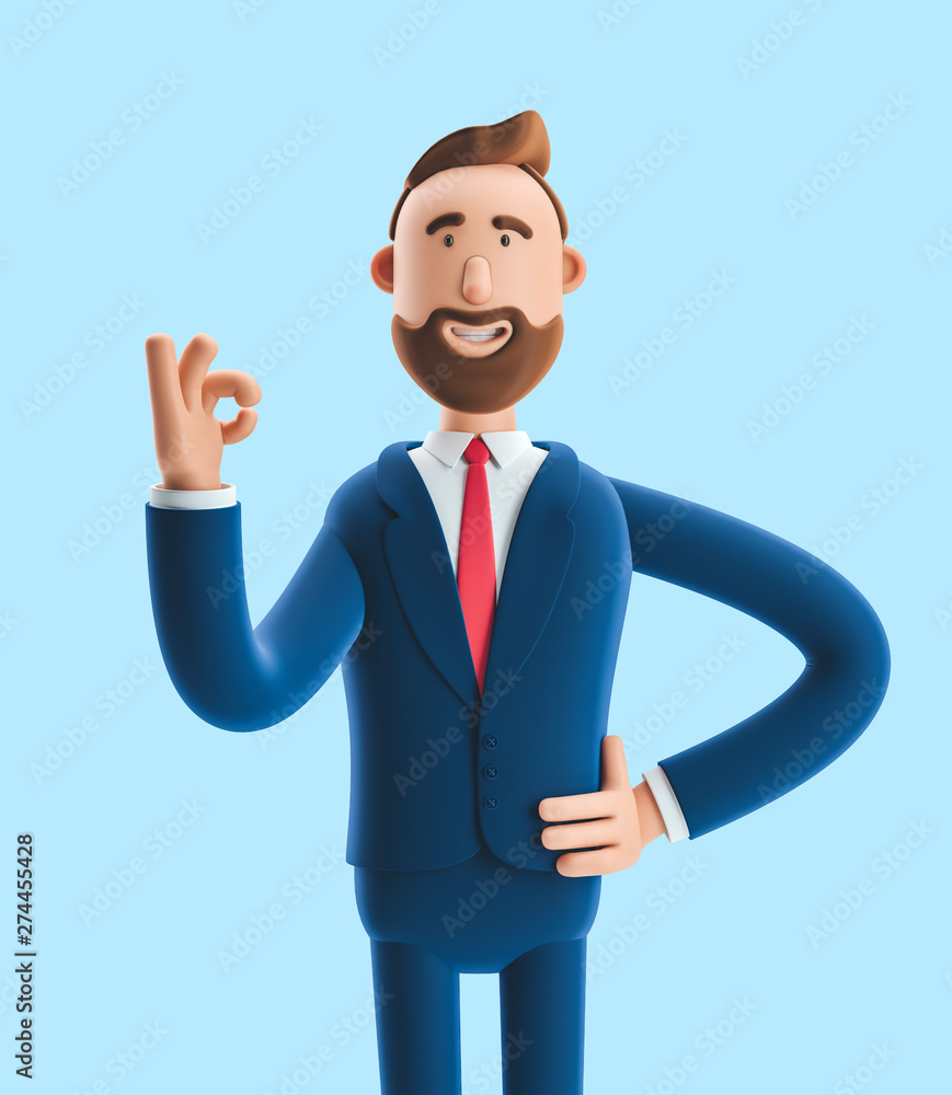 Cartoon character businessman Billy shows okay or OK gesture. 3d illustration on blue background Cartoon character businessman Billy shows okay or OK gesture. 3d illustration on blue background
