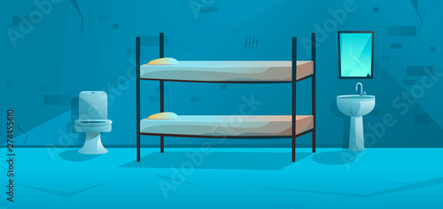 Jail room. Prison cell interior with bunk bed, toilet bowl, washbasin and dirty walls. Cartoon vector