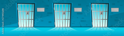 Jail corridor with Grid door in cartoon style.Hallway prison cell interior with lattice. Cartoon vector