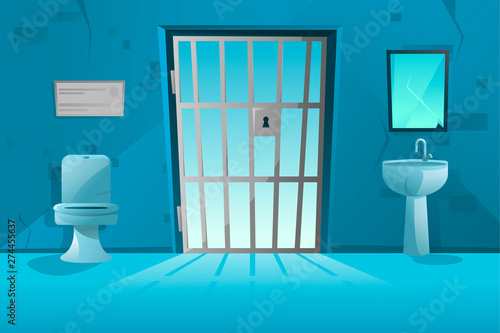 Prison cell interior with lattice, grid door,  toilet bowl, washbasin and broken mirror, dirty walls. Jail room. Cartoon vector