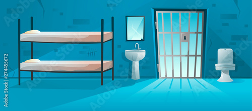 Prison cell interior with lattice, grid door , bunk bed, toilet bowl, washbasin and scratched, cracked brick walls illustration. Jail room in cartoon style