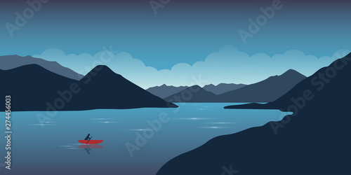 lonely canoeing adventure with red boat on the lake vector illustration EPS10