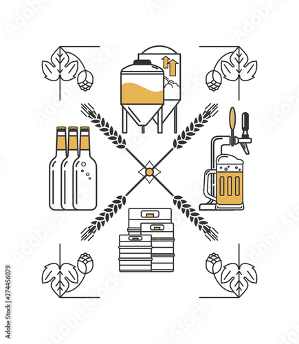 Linear vector brewing concept. Craft beer, brewery. Icon with beer glass, bottle, mug, keg, beer tap, hops and wheat.  Isolated elements on white background.