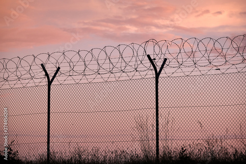 Section of a chainlink fence with razor wire and grass in front of a sunset photo