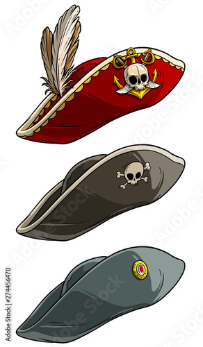 Cartoon different colorful tricorne pirate hat with skull badge and feathers. Isolated on white background. Vector icon set. Vol. 2