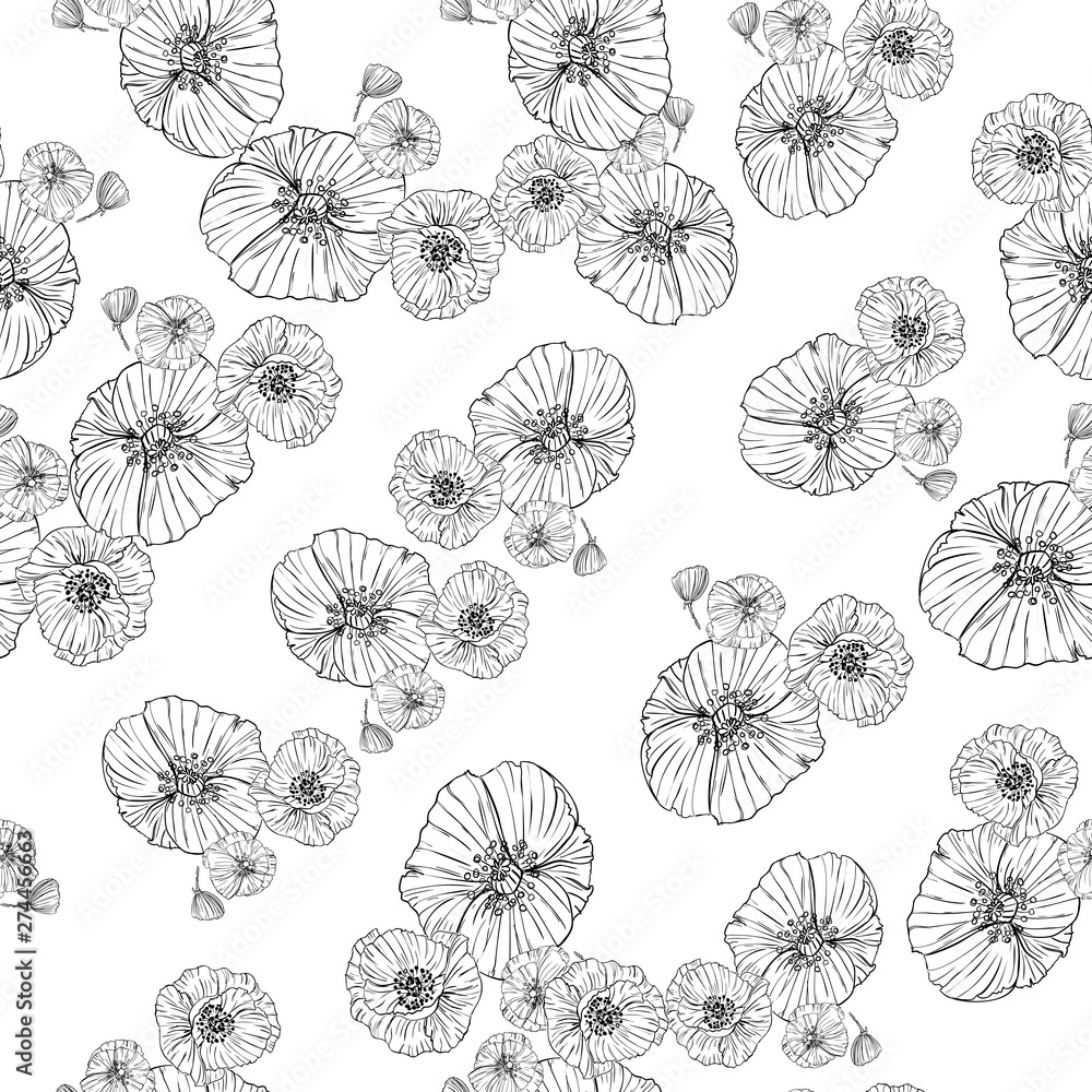 Obraz premium Flower popies graphic design. Cute seamless vector tile pattern. Retro vintage. line popie flower surface design.