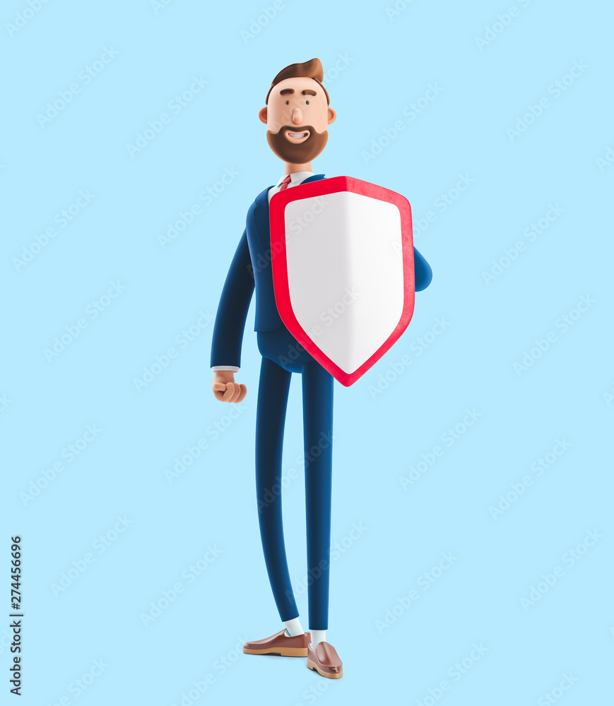 Cartoon character Billy with shield. 3d illustration on blue background.  Safety and protection in business Stock Illustration | Adobe Stock