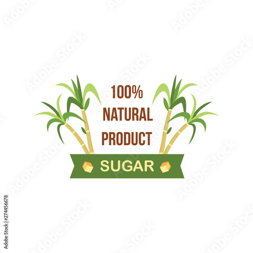 100% natural sugar cane product label design, green plant with tropical leaves