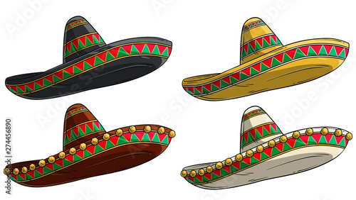 Cartoon colorful traditional ornate mexican hat sombrero. Isolated on white background. Vector icon set. Vol. 2