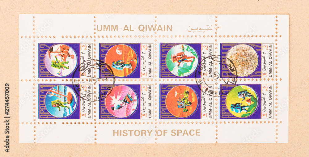 UNITED ARAB EMIRATES - CIRCA 1980: Stamps printed in the UAE showing the history of space, circa 1980