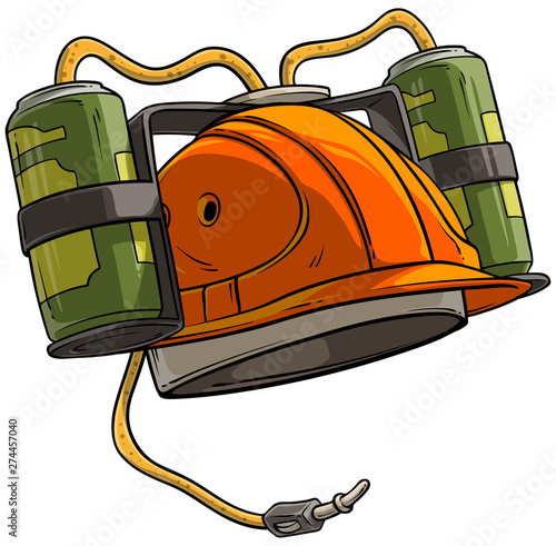 Cartoon orange drinking beer helmet with bottles. Hands Free drink. Isolated on white background. Vector icon.