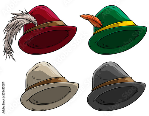Cartoon colorful bavarian traditional hat with feather. Oktoberfest accessory. Isolated on white background. Vector icon set.
