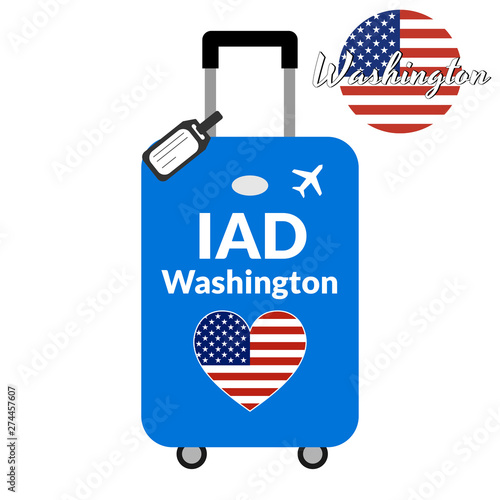 Luggage with airport station code IATA or location identifier and destination city name Washington, IAD. Travel to the United States of America concept. Heart shaped flag of the USA on baggage.