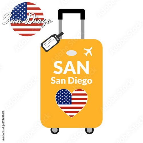 Luggage with airport station code IATA or location identifier and destination city name San Diego, SAN. Travel to the United States of America concept. Heart shaped flag of the USA on baggage.