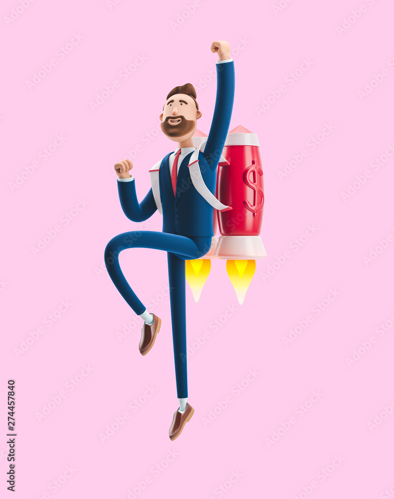Businessman Billy flying on a rocket Jetpack up. 3d illustration on pink background. Concept of business startup, launching of a new company. Businessman Billy flying on a rocket Jetpack up. 3d illustration on pink background. Concept of business startup, launching of a new company.