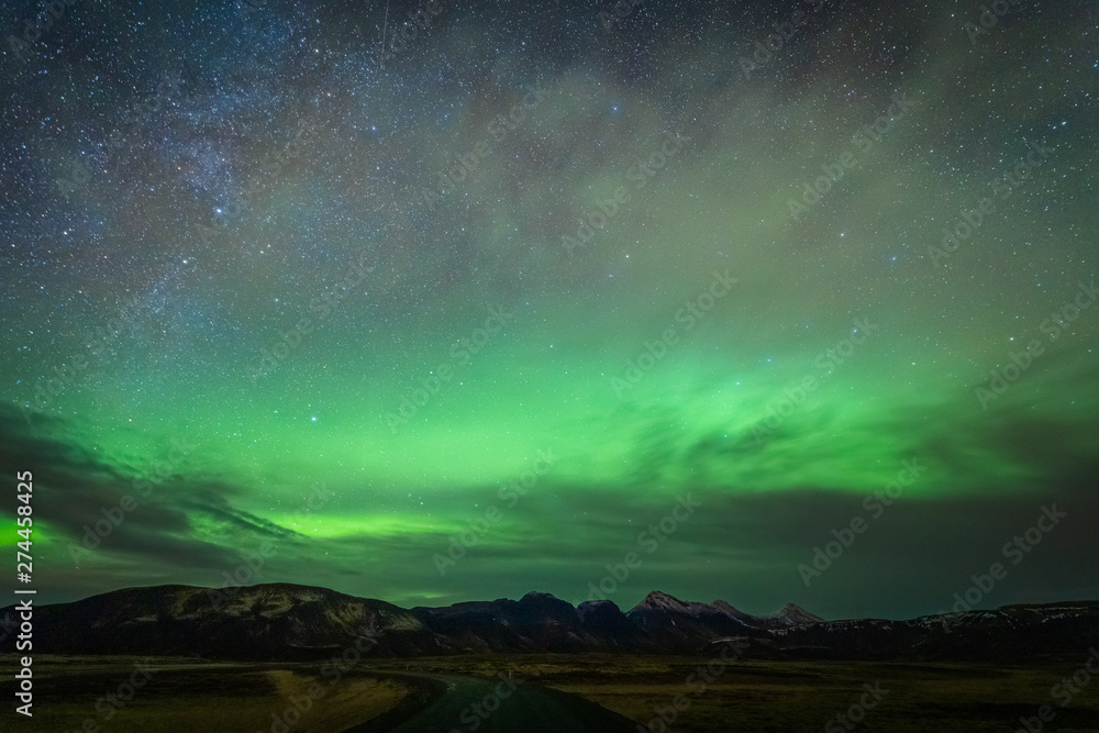 Fototapeta premium Aurora in Iceland in November show lights northern road