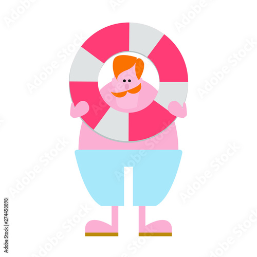 A man with red hair and a mustache with a lifebuoy, lifeguard. Cartoon character. Isolated object.