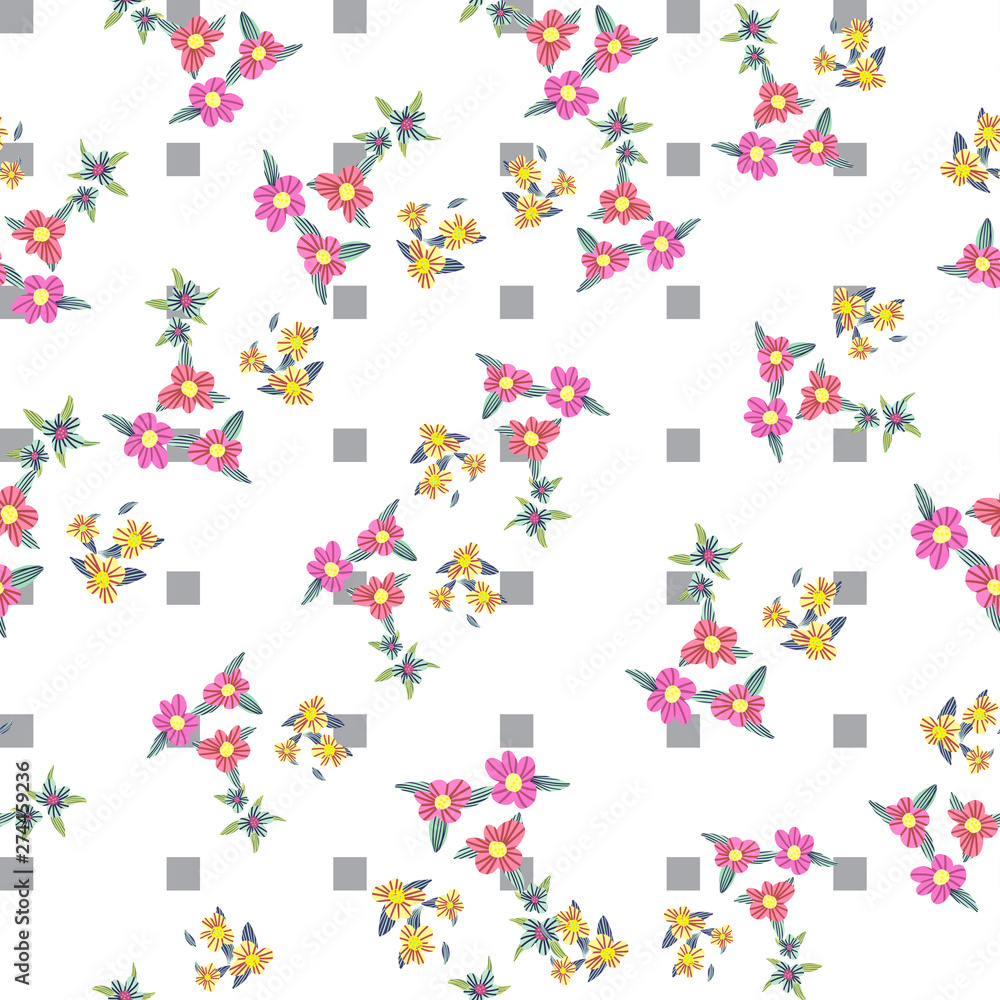 Different fantasy flowers are the seamless pattern in abstract style on a colorful background. Vector floral background. Summer background. Design illustration vector. Vector spring template.