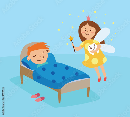 Tooth fairy visiting a sleeping boy, fantasy girl in a crown flying in the room with magic wand