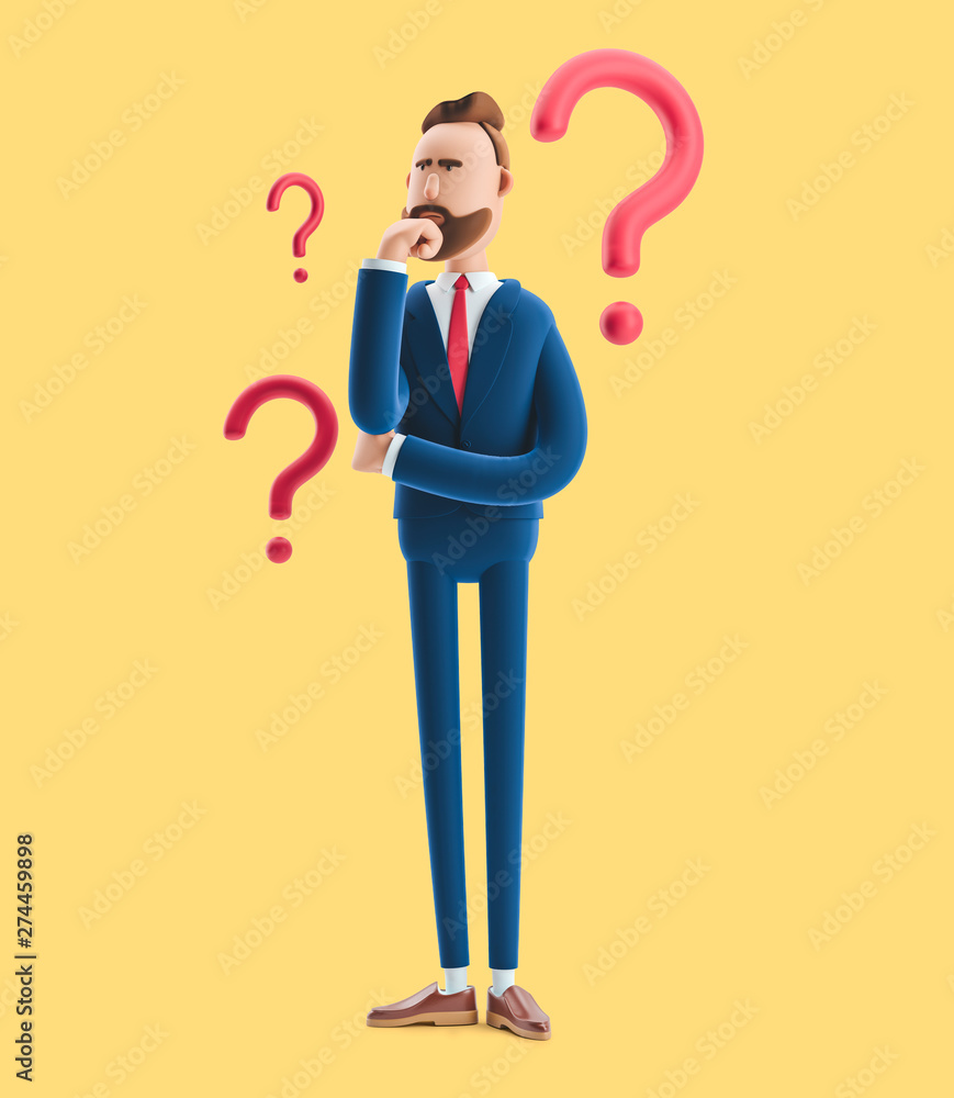 Naklejka Cartoon character Billy looking for a solution. 3d illustration on yellow background