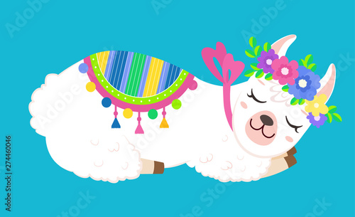 Funny sleeping white llama with colorful flowers