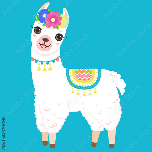 Cute white llama with colorful flowers on the head