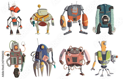 Cartoon robots characters set. Technology, future. Artificial intelligence design concept. Isolated on white background. Vector illustration