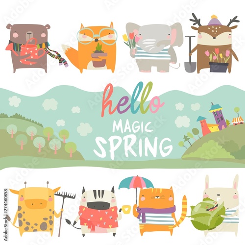 Set of cute animals with spring theme on white background